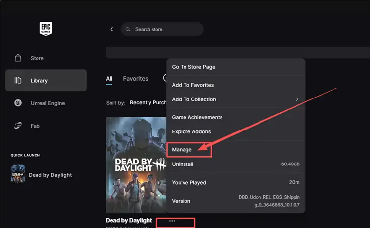 Open Dead by Daylight manage options in Epic Games Launcher
