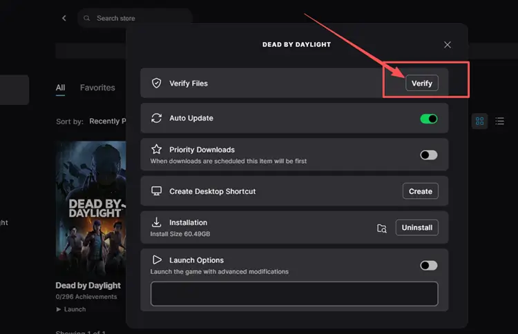 Verify Dead by Daylight game files on Epic Games