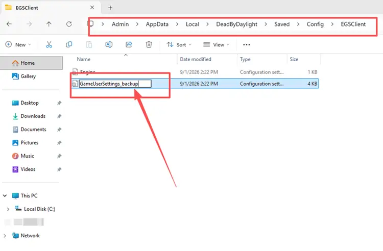 Rename the Dead by Daylight GameUserSettings file