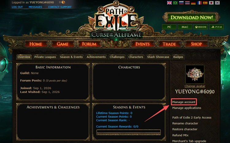 Open Manage Account on the Path of Exile account page