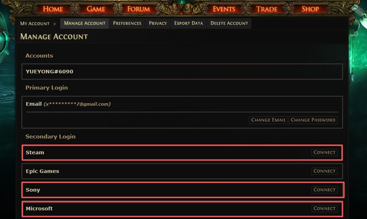 Connect Steam, PlayStation, or Xbox on the Path of Exile Manage Account page