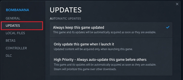 Проверьте обновления BOMBANANA в свойствах Steam.