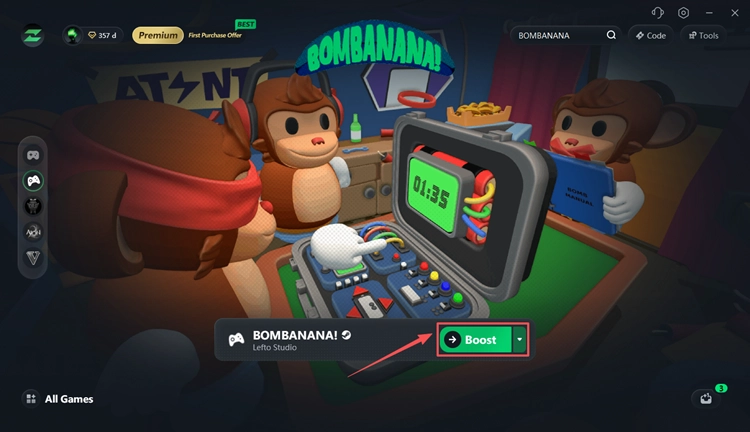 Выберите узел BOMBANANA и ускорьте его с помощью LagZapper.