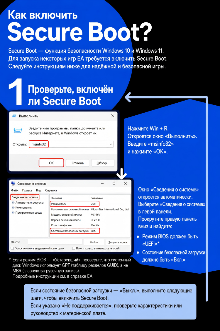 Чтобы включить Secure Boot, воспользуйтесь приведённой ниже инструкцией с изображениями.