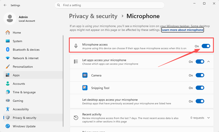 Enable microphone access for desktop apps in Windows