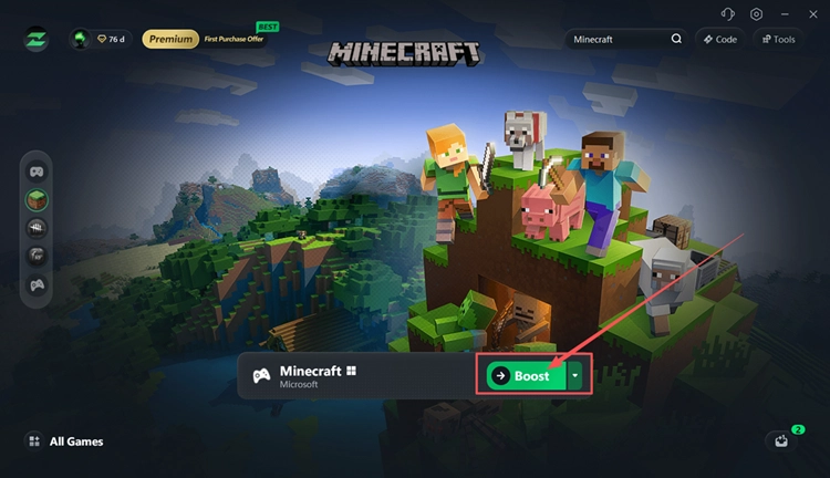 Выберите узел Minecraft и нажмите «Ускорить» в LagZapper.
