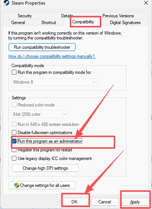 Set Steam to always run as administrator