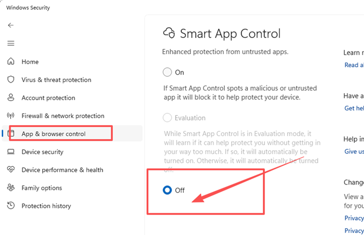 Turn off Smart App Control in Windows Security