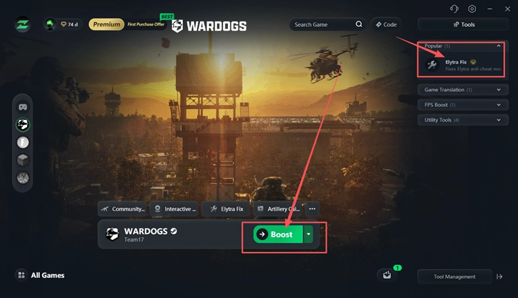 Select a WARDOGS node and click Boost in LagZapper