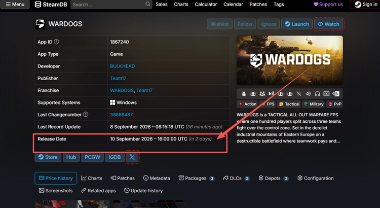 Время выхода WARDOGS по данным SteamDB