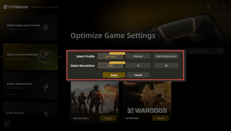 Select Optimize Game Settings, then click Boost