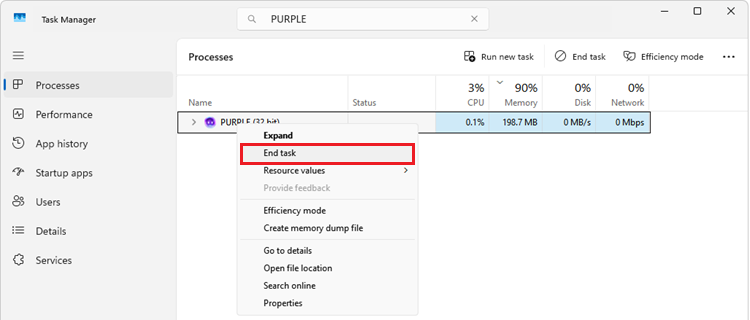 Fully exit PURPLE processes in Task Manager