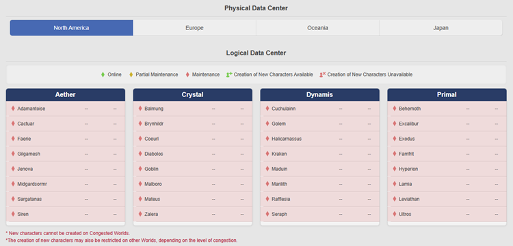 Check FFXIV server status and World maintenance