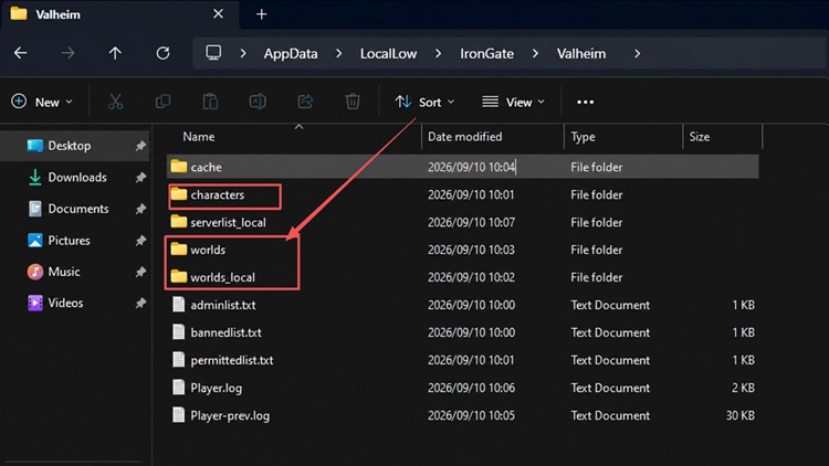 Valheim Worlds and Characters save data in the save folder