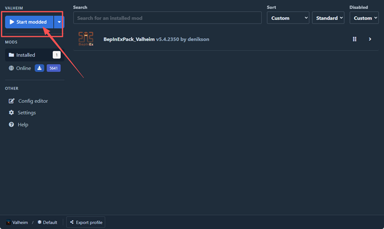 Start modded option for Valheim in r2modman