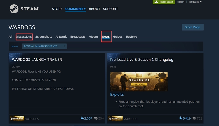 official WARDOGS Steam announcements