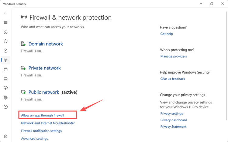 Open Firewall and network protection in Windows Security