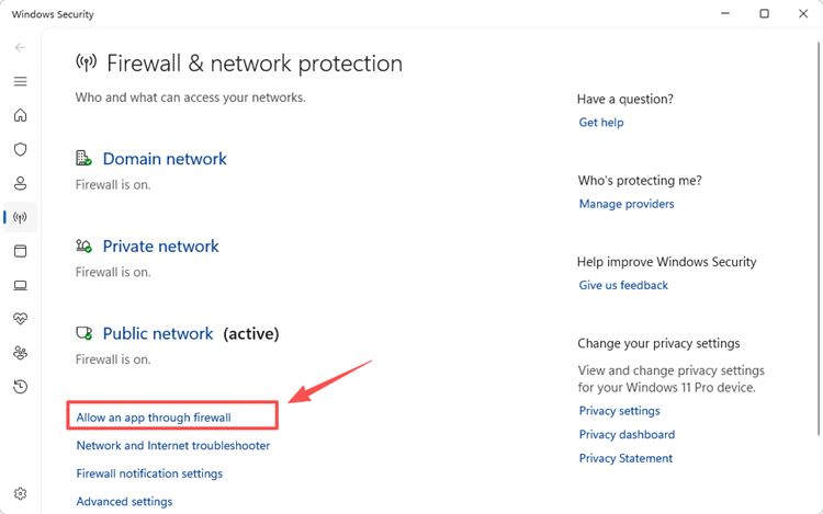 Open Firewall and network protection in Windows Security