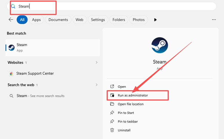 Run Steam as administrator in Windows