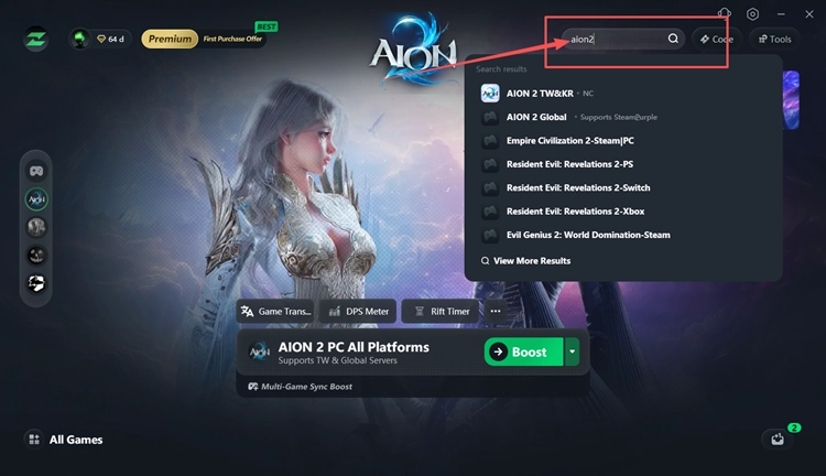 Поиск AION 2 в LagZapper