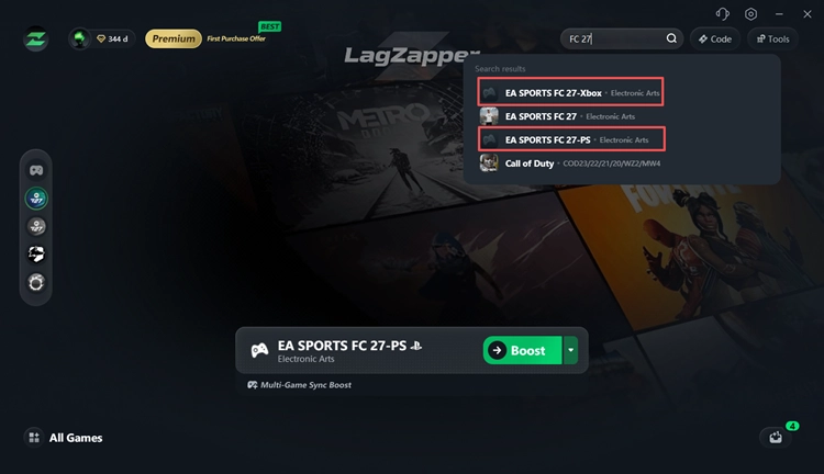 Выберите EA SPORTS FC 27 для PS или Xbox в LagZapper.
