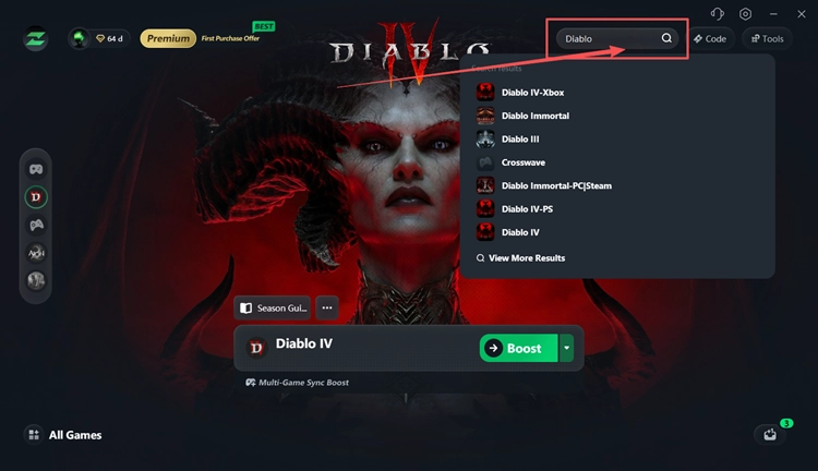 Поиск Diablo 4 в LagZapper для оптимизации подключения