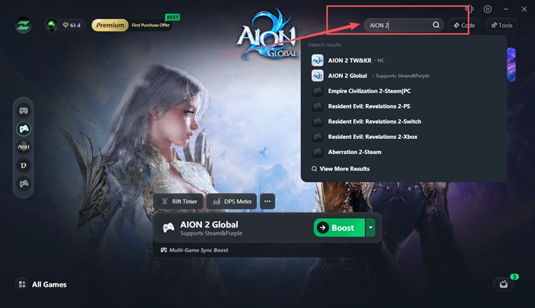 Поиск AION 2 в LagZapper