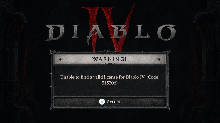 Code d’erreur 315306 de Diablo 4 avec Unable to Find a Valid License sur PS5
