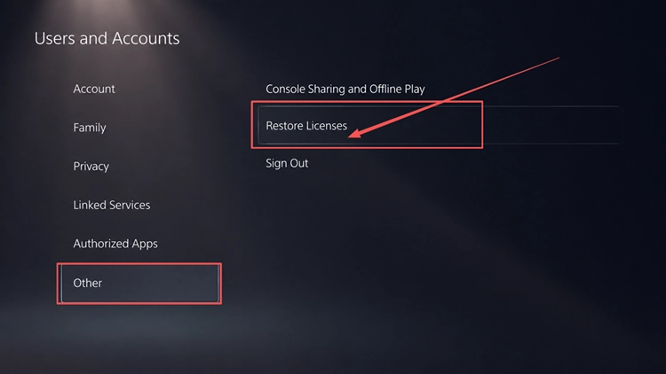 Option Restore Licenses dans la section Users and Accounts sur PS5