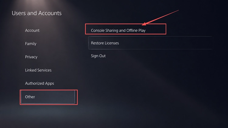 Paramètres Console Sharing and Offline Play sur PS5
