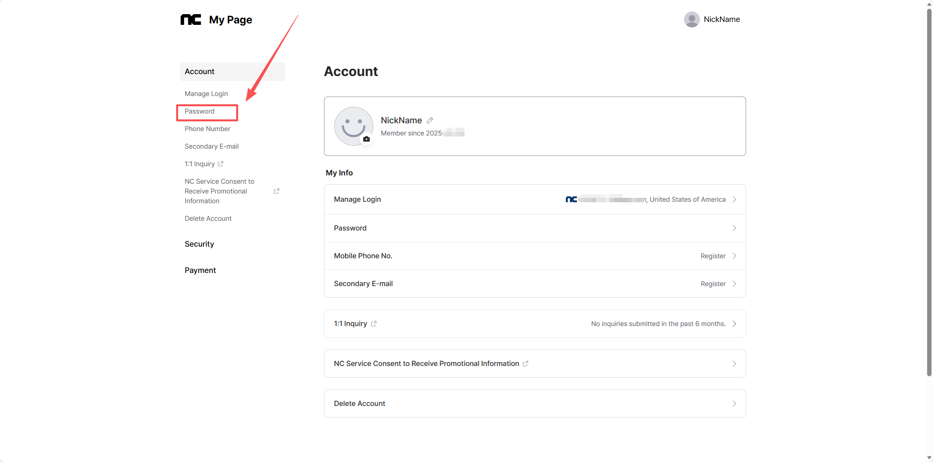 Open the password settings