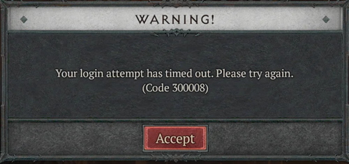 Diablo 4 : code d'erreur 300008 indiquant que votre tentative de connexion a expiré.