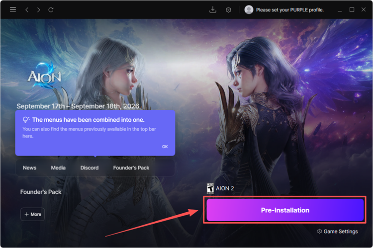 Bouton Pre-Installation d’AION 2 dans le lanceur PURPLE