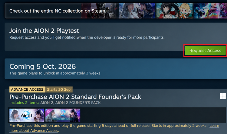Request-Access-Schaltfläche für den AION 2 Playtest auf Steam