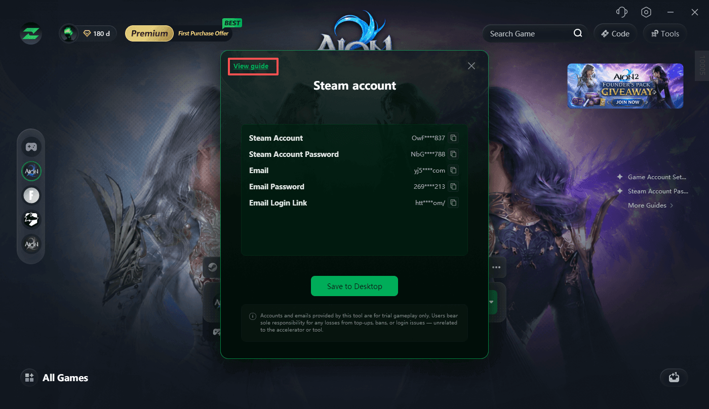 click View guide in the upper-left corner of the account details window.
