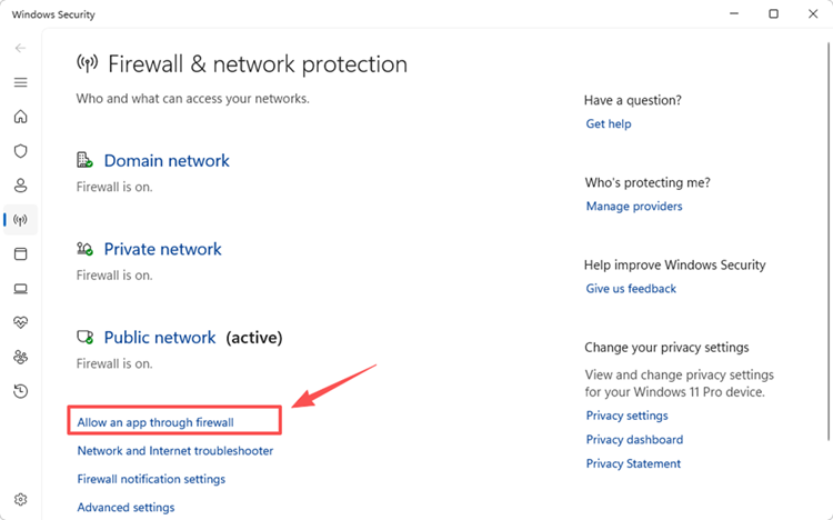 Firewall & network protection in Windows Security öffnen