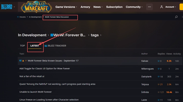 WoW Forever Beta'nın bilinen sorunlarını ve en son forum raporlarını kontrol etme