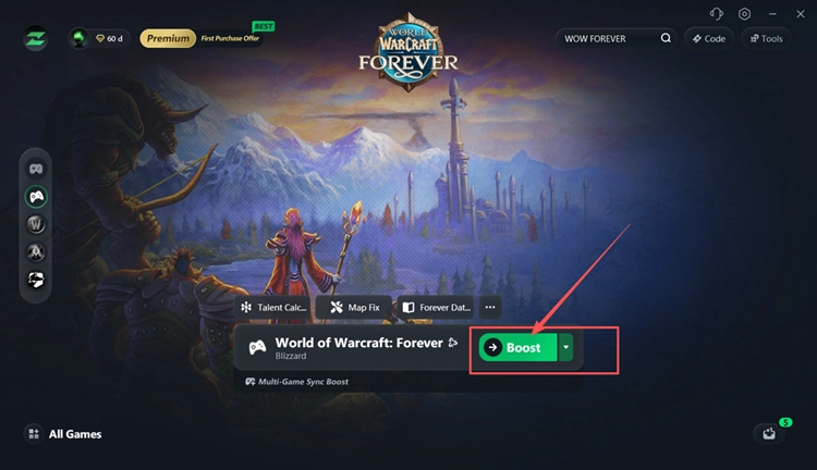 Bir World of Warcraft bağlantı noktası seçme ve LagZapper'da Boost'a tıklama