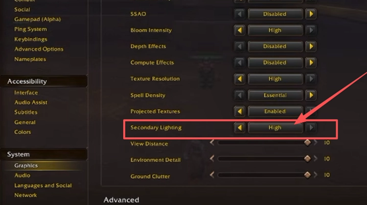 Set Secondary Lighting to Fair in WoW Forever