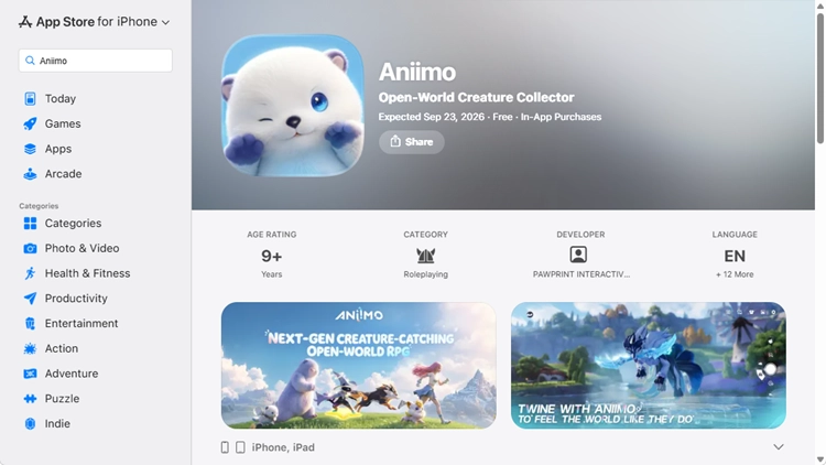 Fiche Aniimo sur l'App Store pour iPhone et iPad