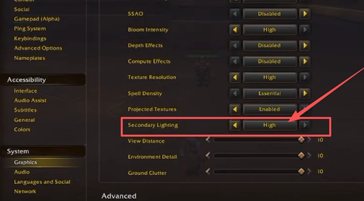 Установите Secondary Lighting на Fair в WoW Forever