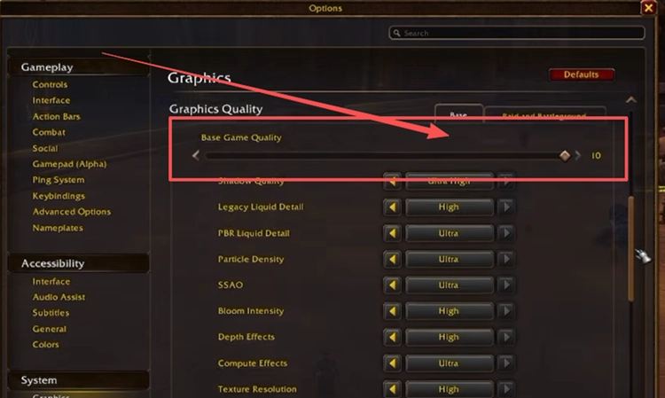 Снизьте Base Game Quality до 1 или 2 в WoW Forever