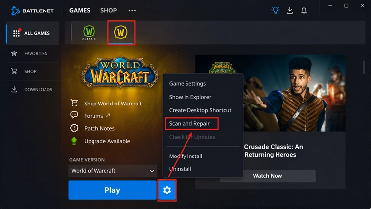 Откройте Scan and Repair для WoW Forever в Battle.net