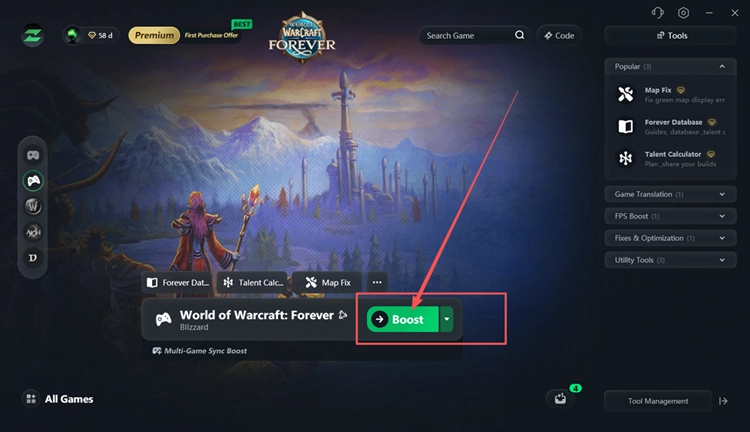 Выберите узел WoW Forever и нажмите Boost в LagZapper