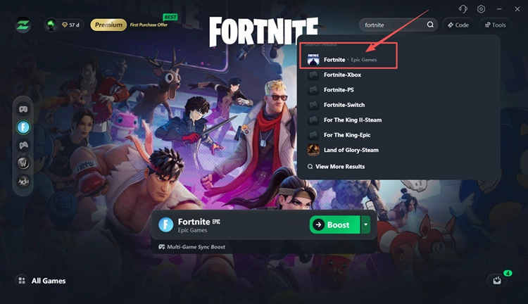 Search for Fortnite in LagZapper