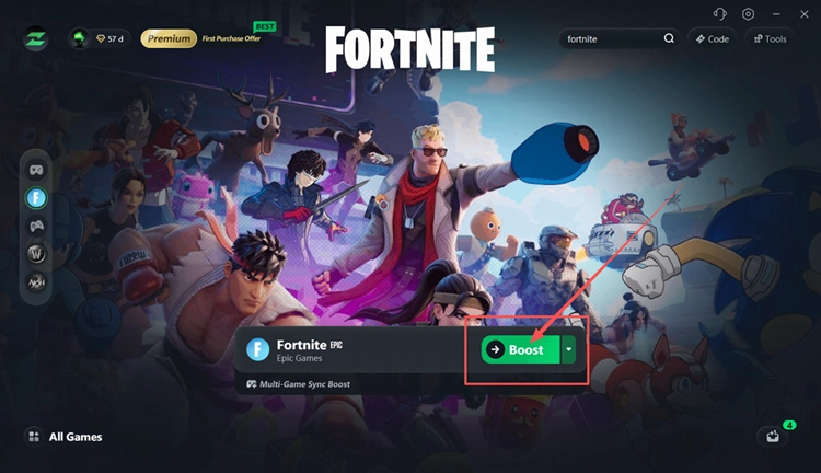 Select a Fortnite node and click Boost in LagZapper