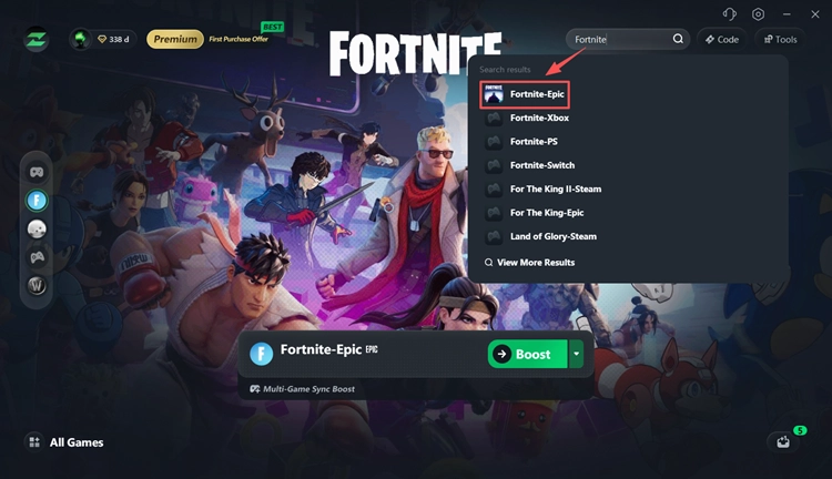 Search for Fortnite in LagZapper to reduce high ping