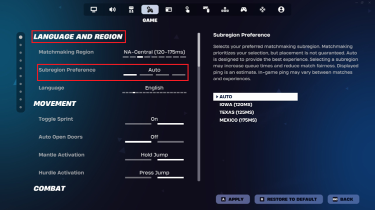 Fortnite Subregion Preference setting after v42.20