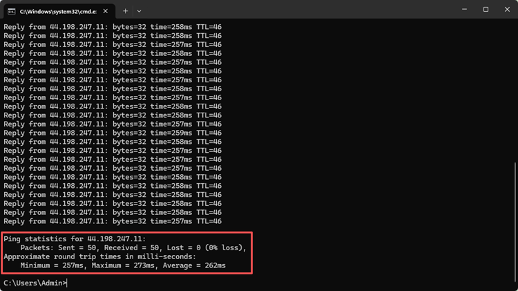 Fortnite server ping test results in Windows Command Prompt