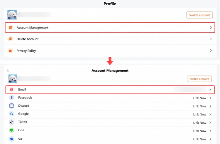 Option de gestion de compte Aniimo par e-mail